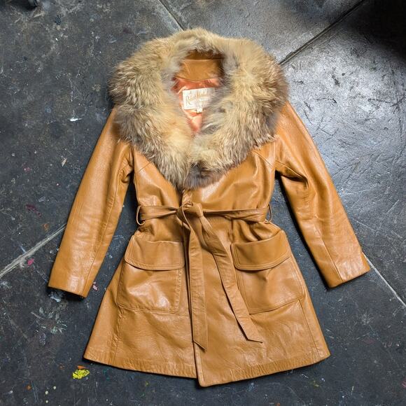 Vintage Mustard Leather Penny Lane Jacket Groovy Fur Trim 70s Trench Coat Medium - Picture 9 of 10